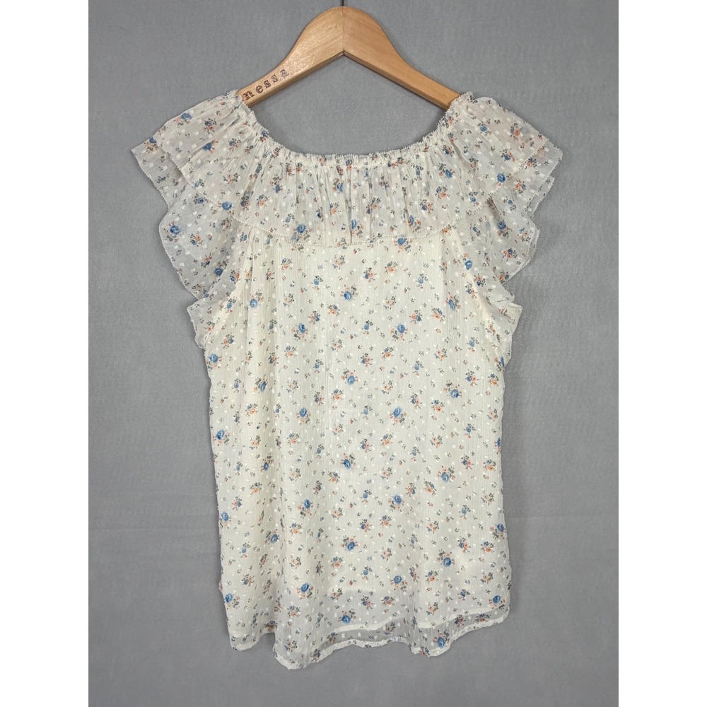 LOFT Floral Ruffle Blouse Womens Small White NWOT Clip Dot Sleeveless Top - Picture 5 of 9